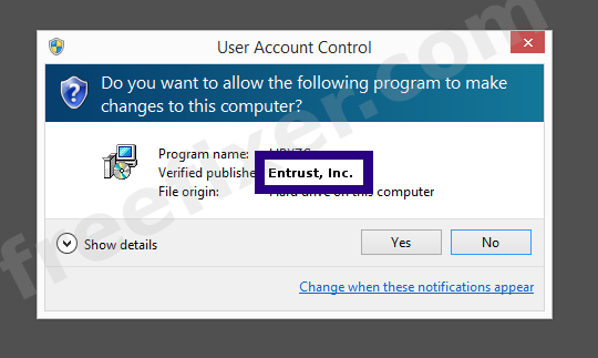 Screenshot where Entrust, Inc. appears as the verified publisher in the UAC dialog